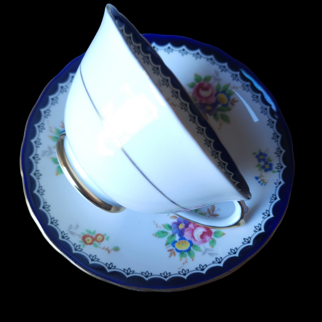 Royal Tuscan Floral Center & Rim, Cobalt Band, Scalloped Cup & Saucer Set