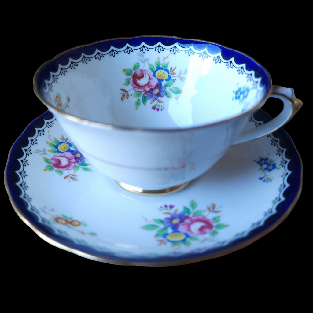 Royal Tuscan Floral Center & Rim, Cobalt Band, Scalloped Cup & Saucer Set