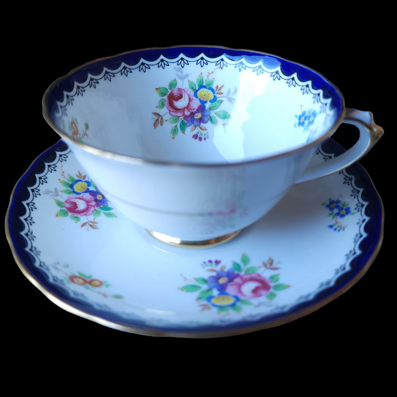 Royal Tuscan Floral Center & Rim, Cobalt Band, Scalloped Cup & Saucer Set