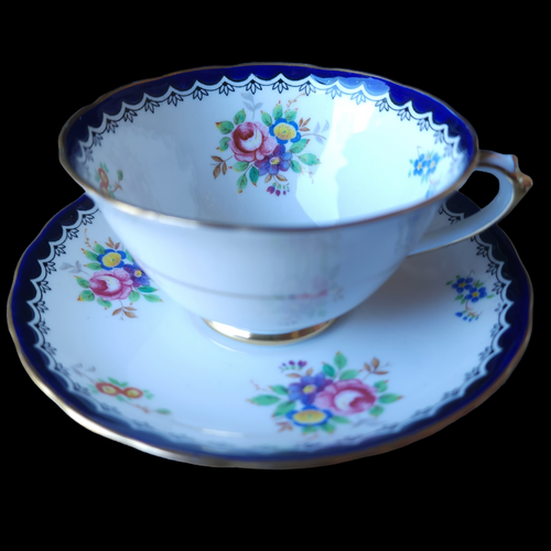 Royal Tuscan Floral Center & Rim, Cobalt Band, Scalloped Cup & Saucer Set