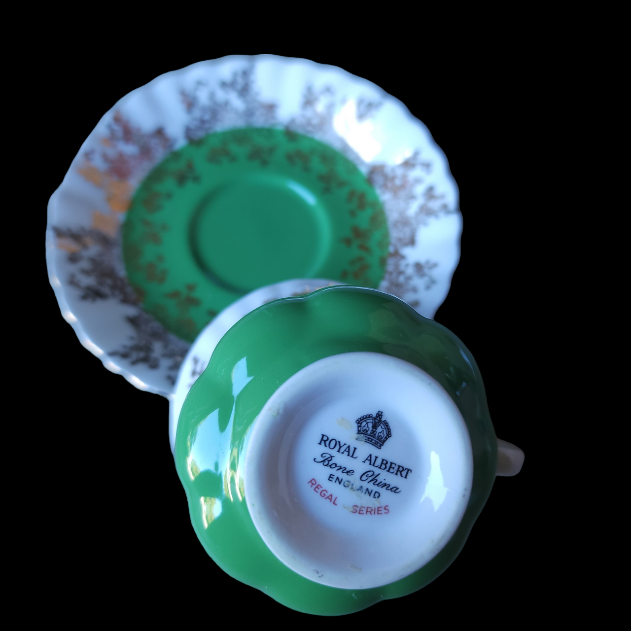 Royal Albert Regal Series Green Gold Design Footed Cup & Saucer Set