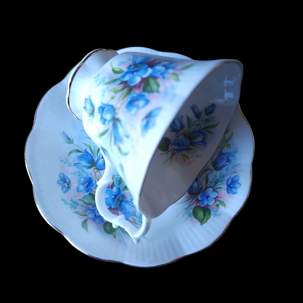 Royal Albert Blue Purple Flowers, Ribbed, Scalloped Footed Cup & Saucer Set