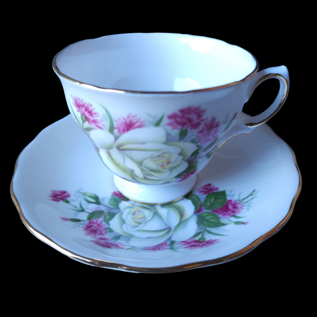 Royal Vale Bone China White Roses Teacup & Saucer Set