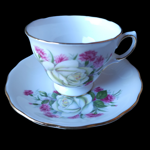 Royal Vale Bone China White Roses Teacup & Saucer Set