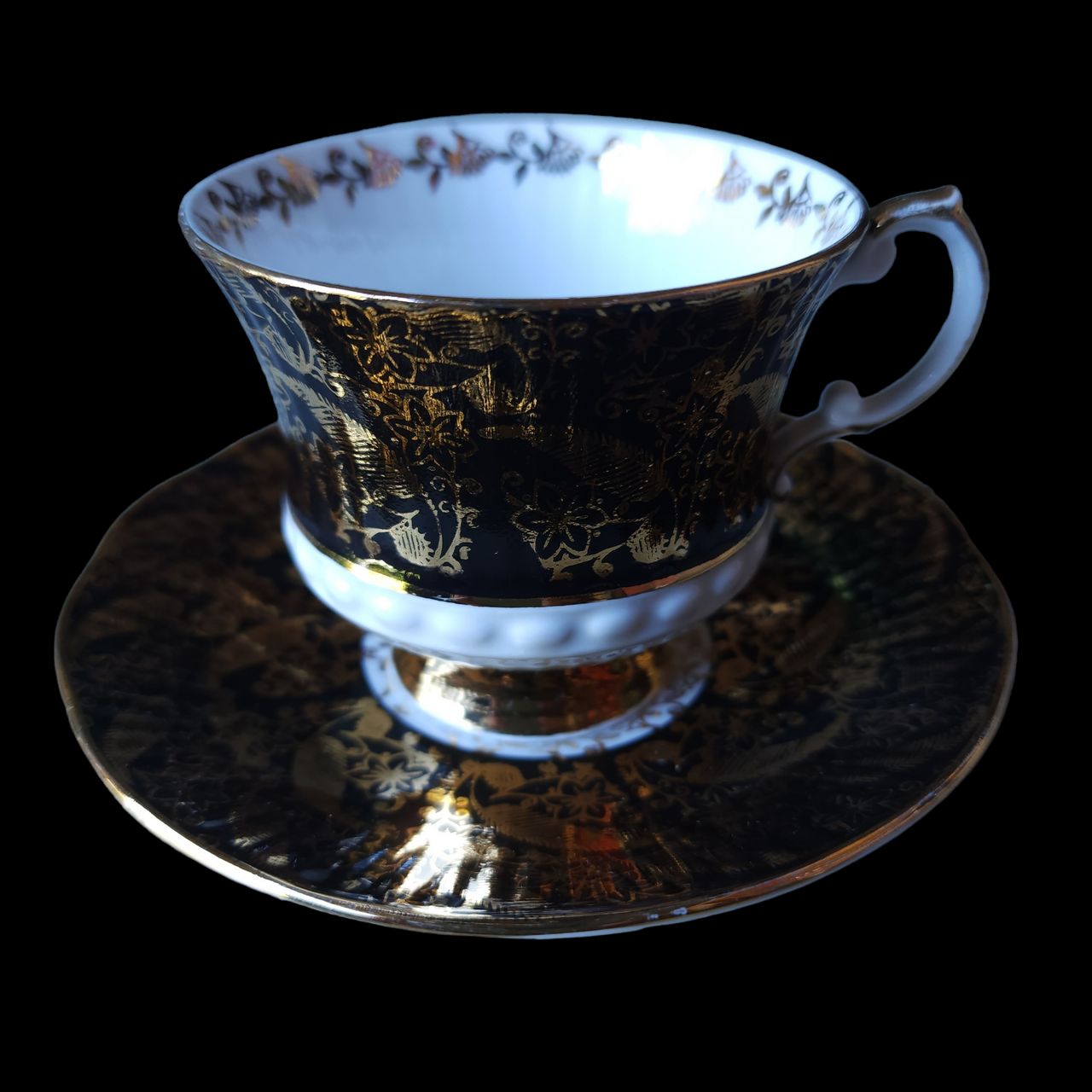 Elizabethan Sovereign Gold Floral & Leaves On Black Footed Cup & Saucer Set