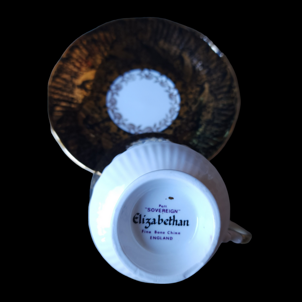 Elizabethan Sovereign Gold Floral & Leaves On Black Footed Cup & Saucer Set