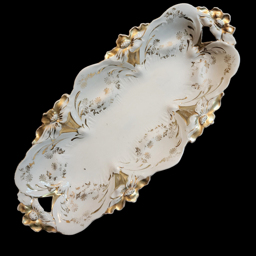 Reinhold Schlegelmilch R.S. Prussia Lily Mold Gold Floral Pattern Relish Dish