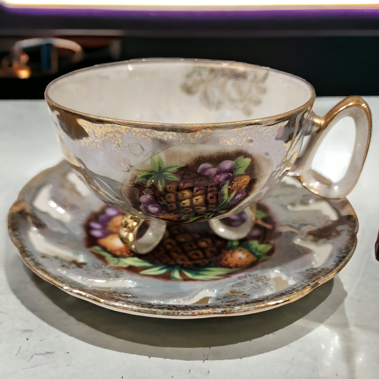 Royal Halsey Pierced Fruits Gold Flowers Trim Footed Cup & Saucer Set