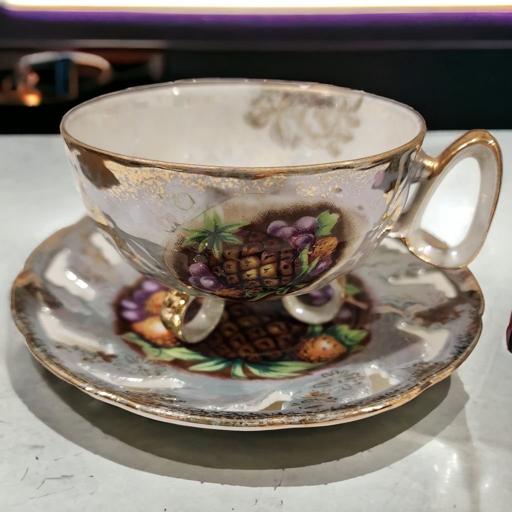 Royal Halsey Pierced Fruits Gold Flowers Trim Footed Cup & Saucer Set