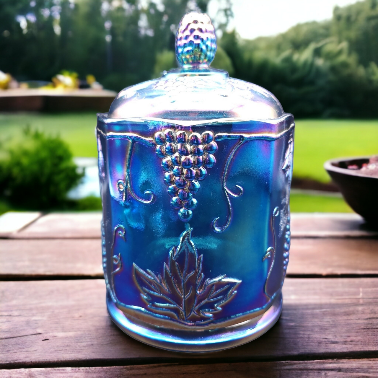 Colony Harvest Blue Carnival Grapes And Leaves Small Canister & Lid