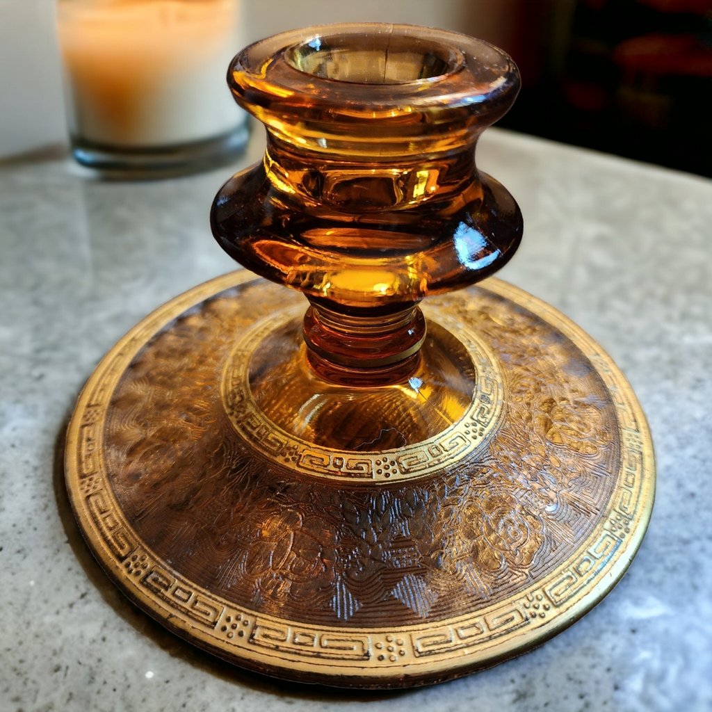 Glastonbury Lotus Grecian Rose Amber Gold Encrusted Single Light Candlestick