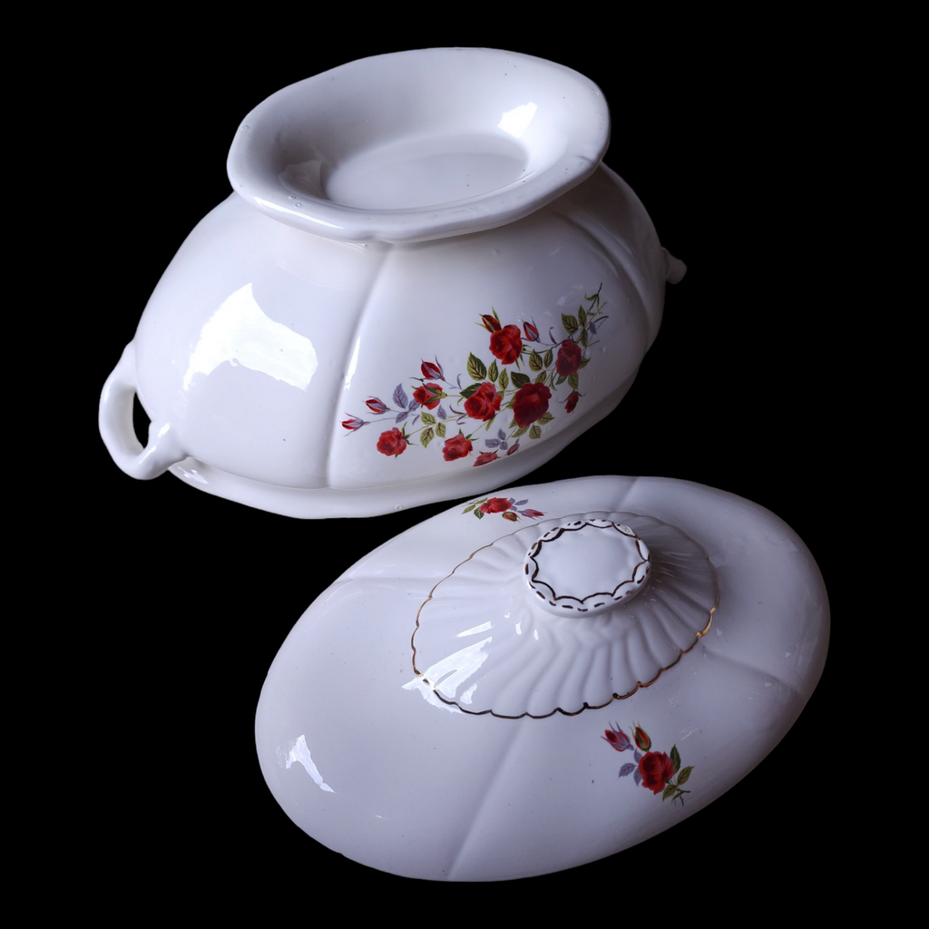 White Ceramic Red Floral Oval Soup Tureen & Lid Japan