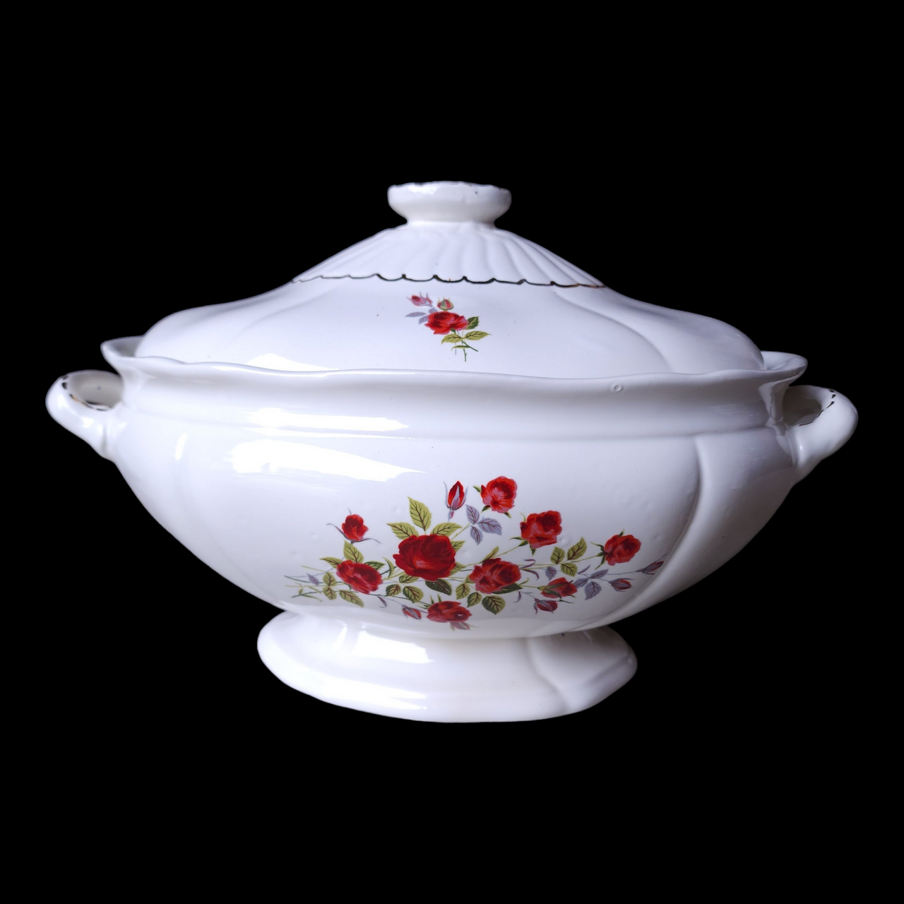White Ceramic Red Floral Oval Soup Tureen & Lid Japan