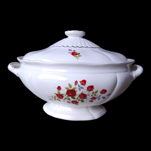 White Ceramic Red Floral Oval Soup Tureen & Lid Japan
