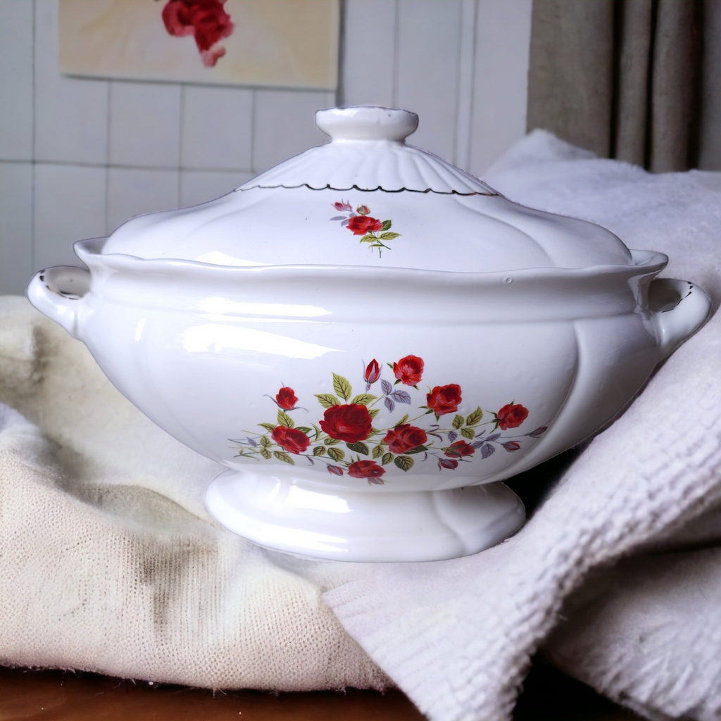 White Ceramic Red Floral Oval Soup Tureen & Lid Japan