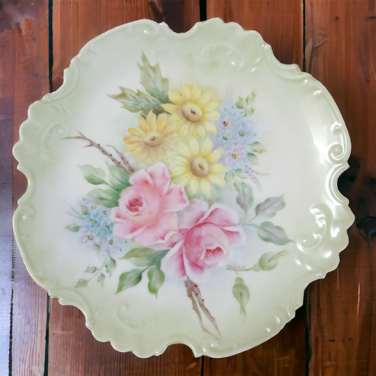Vintage Porcelain Hand Painted Roses Floral Pattern Cabinet Plate