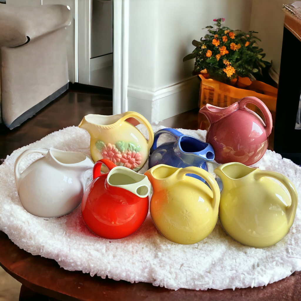 USA Pottery Canary Yellow Snowflake Pitcher Ball Jug with Ice Lip