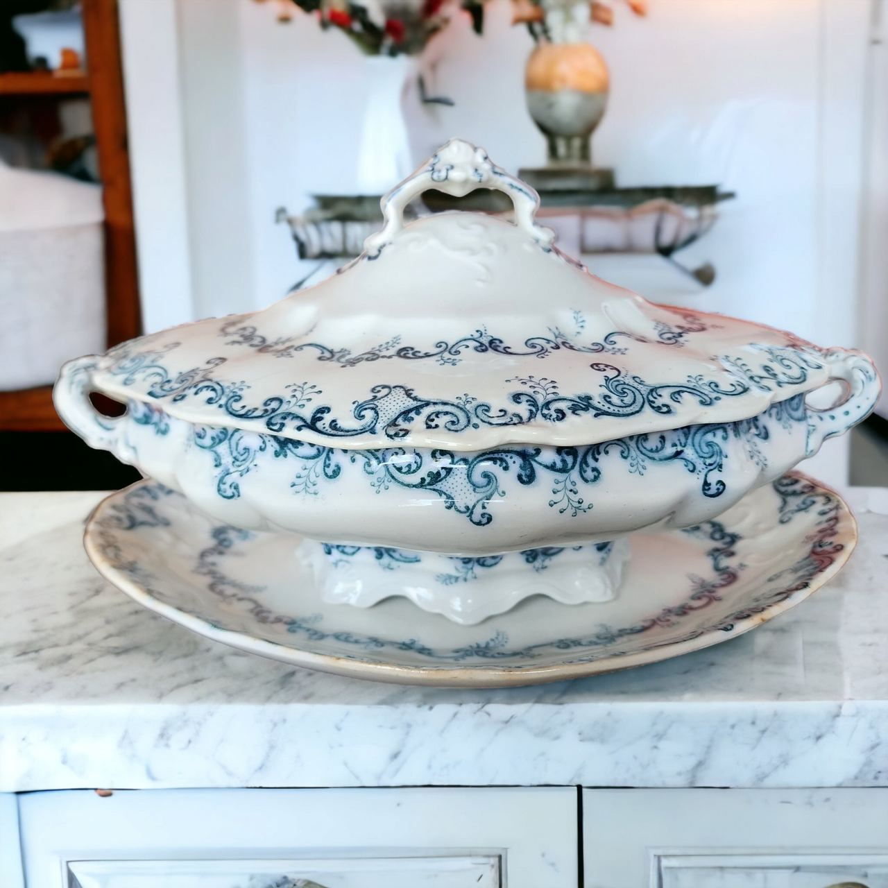 Meakin J & G Elysee Antique Scalloped Covered Vegetable Bowl and Oval Serving Platter