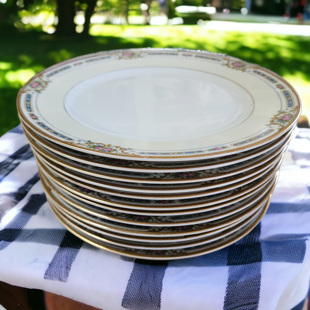 Noritake Ybry Blue & Tan Edge, Pink Roses, Cream Band Dinner Plate