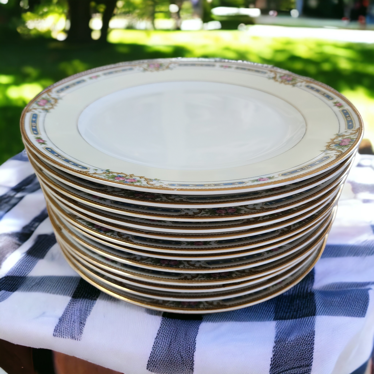 Noritake Ybry Blue & Tan Edge, Pink Roses, Cream Band Dinner Plate