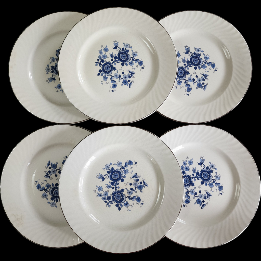 Wedgwood Royal Blue Floral Center Swirled Rim Dinner Plate Set of 6