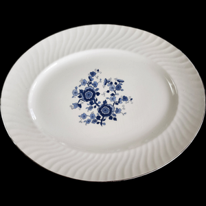 14" Wedgwood Royal Blue Floral Center Swirled Rim Oval Serving Platter