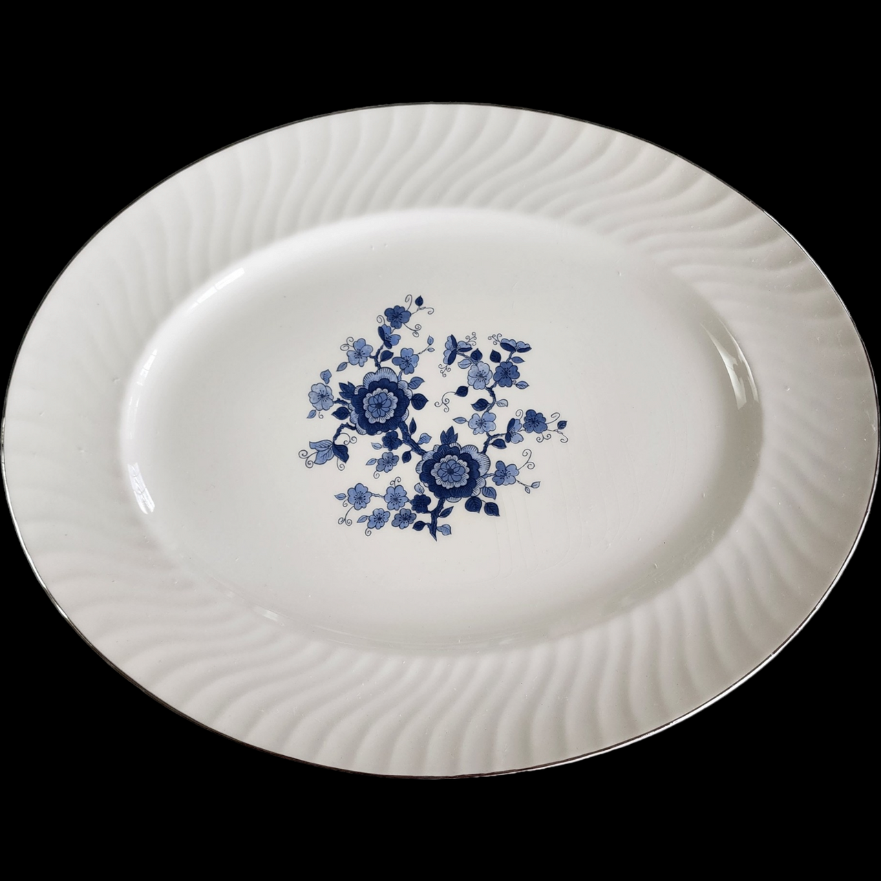 14" Wedgwood Royal Blue Floral Center Swirled Rim Oval Serving Platter