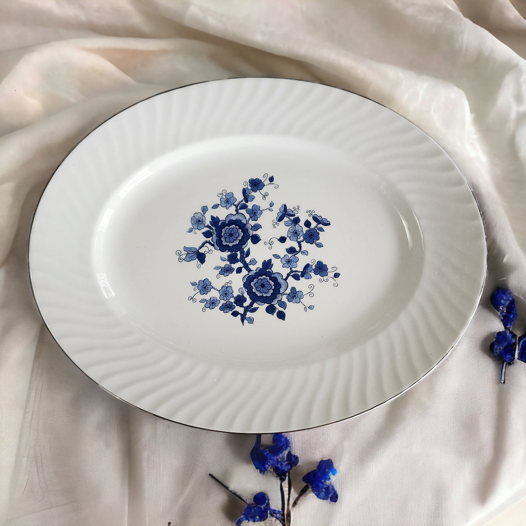 12" Wedgwood Royal Blue Floral Center Swirled Rim Oval Serving Platter