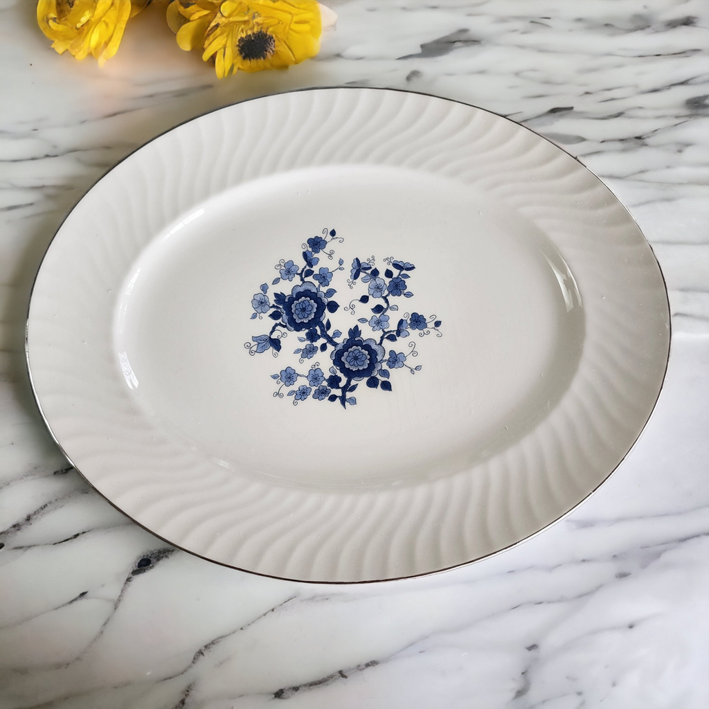 14" Wedgwood Royal Blue Floral Center Swirled Rim Oval Serving Platter