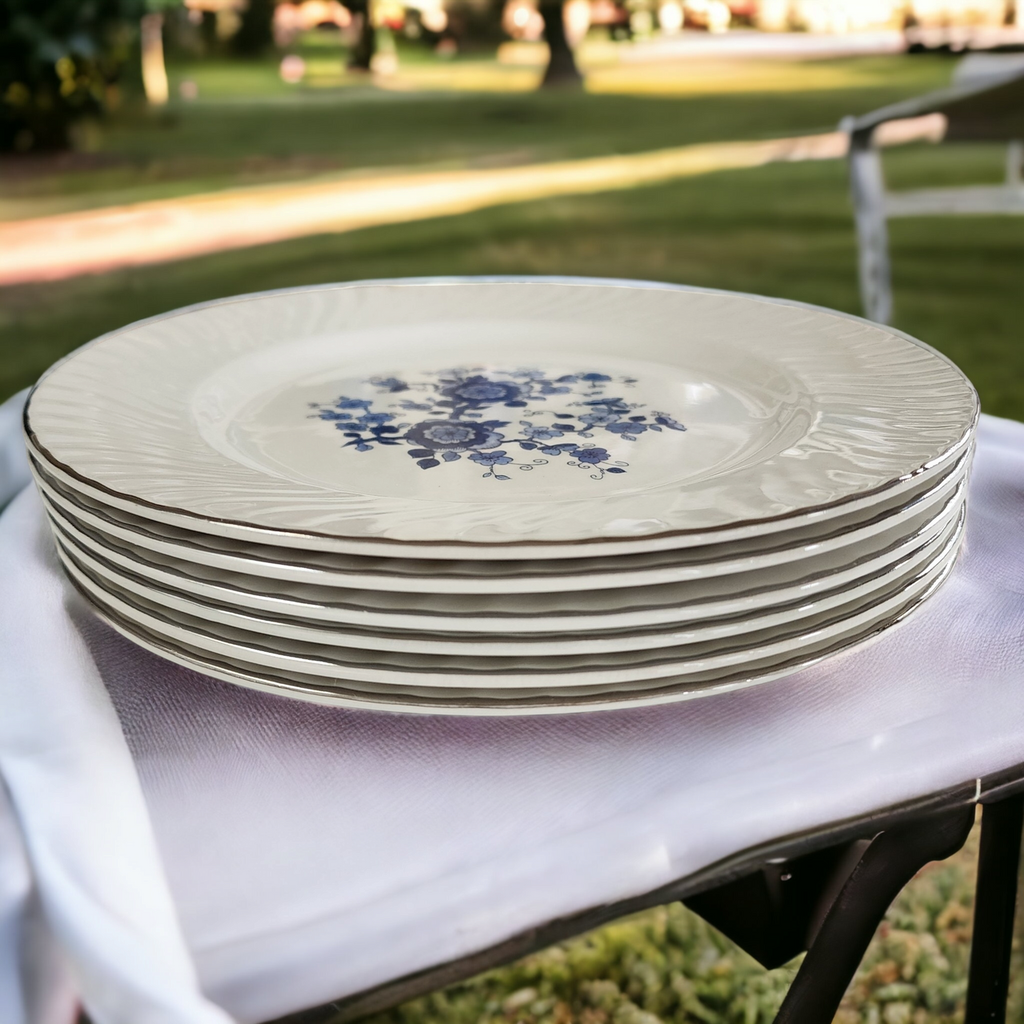 Wedgwood Royal Blue Floral Center Swirled Rim Dinner Plate Set of 6