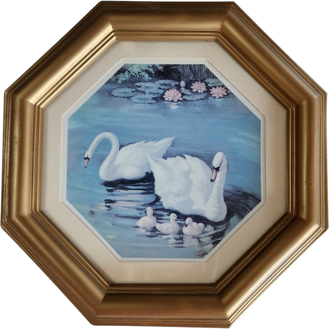 Homco Pictures Octagonal Gold Framed Matted Swan Family Set of 2