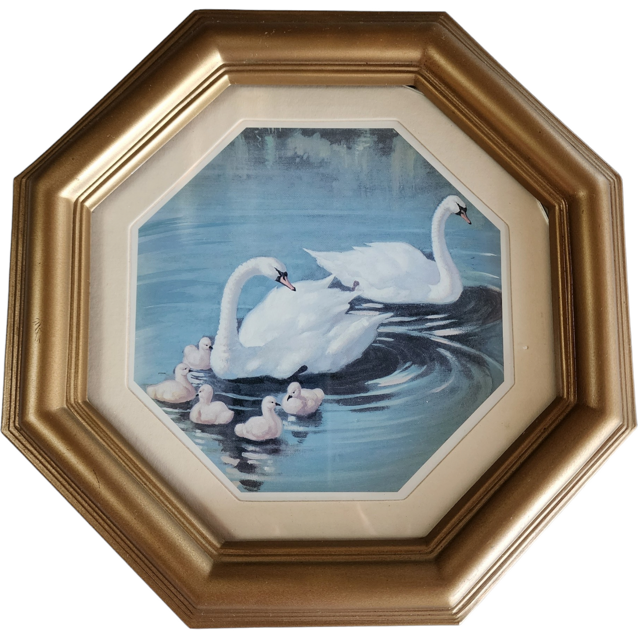 Homco Pictures Octagonal Gold Framed Matted Swan Family Set of 2