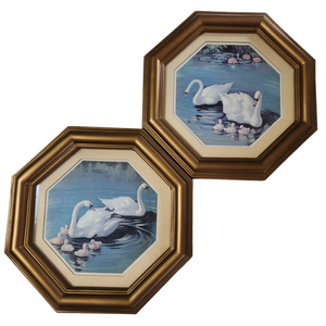 Homco Pictures Octagonal Gold Framed Matted Swan Family Set of 2