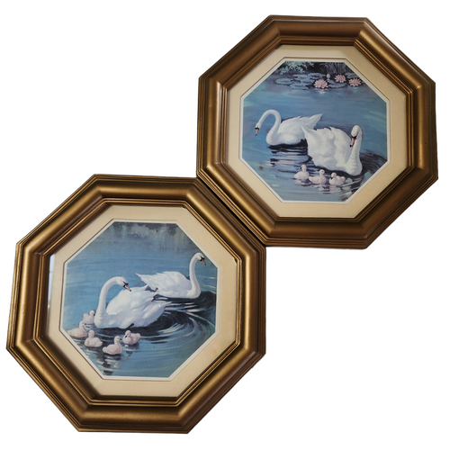 Homco Pictures Octagonal Gold Framed Matted Swan Family Set of 2