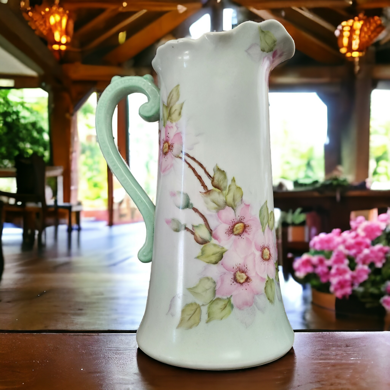 Handmade Stevens Porcelain Handpainted Satin Floral Design Pitcher Vase