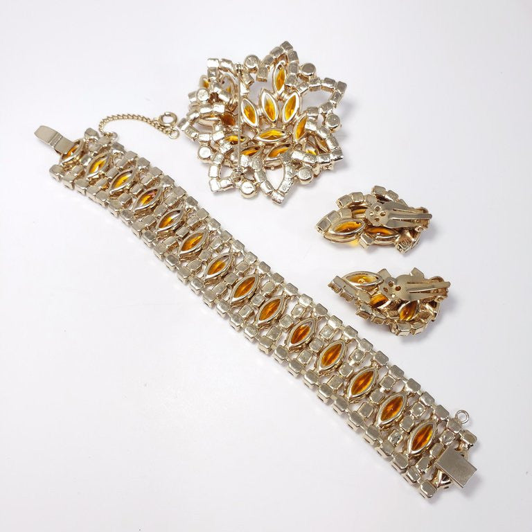 Vintage Demi Parure Aurora Borealis & Amber Crystals Earrings Bracelet Necklace