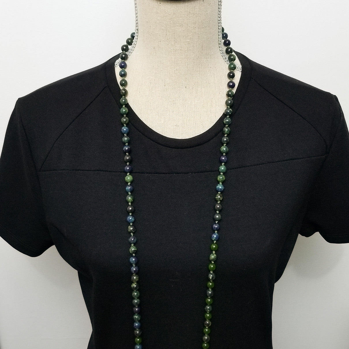 Dark Green & Blue Marbled Bakelite 59" Long Alternating Bead Necklace