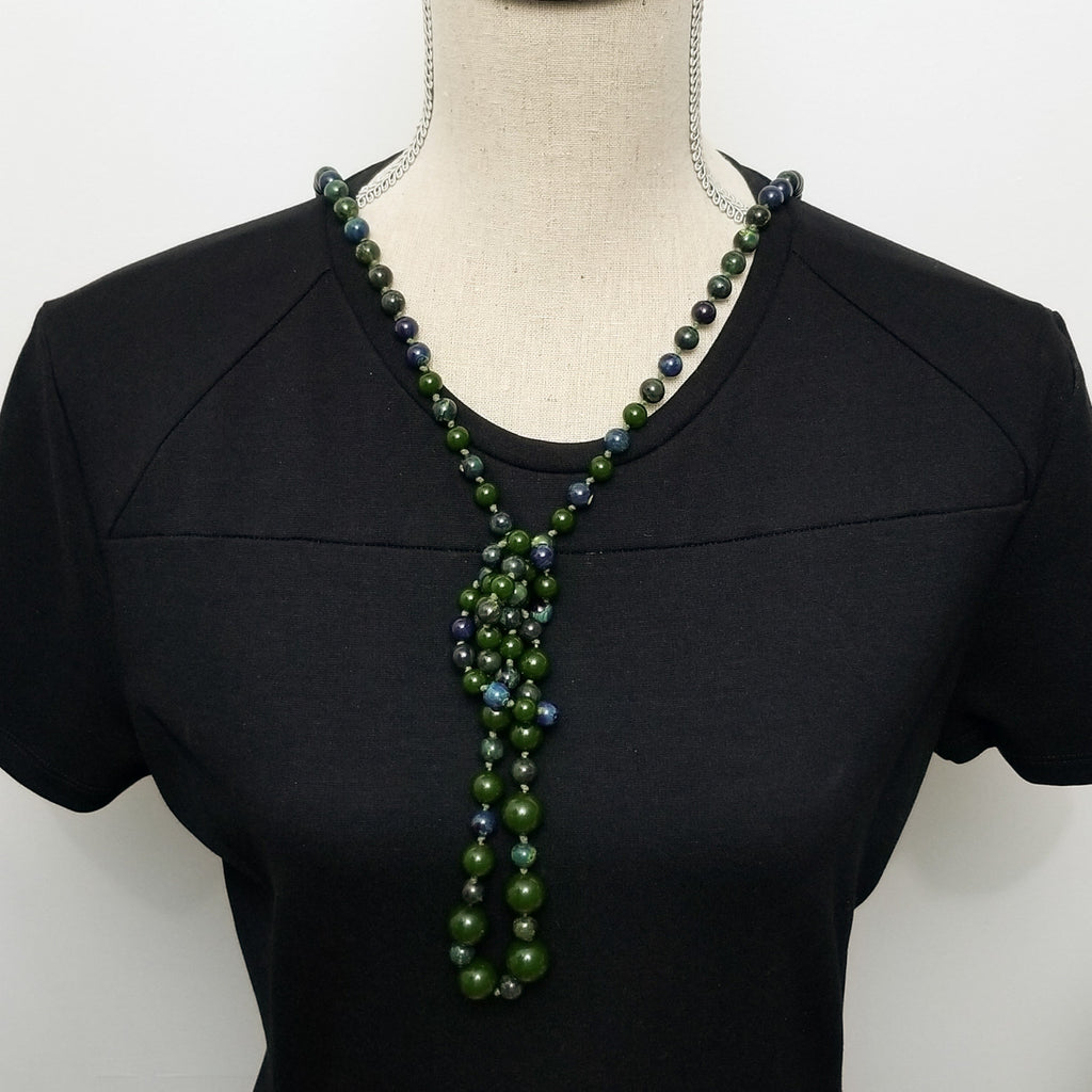 Dark Green & Blue Marbled Bakelite 59" Long Alternating Bead Necklace