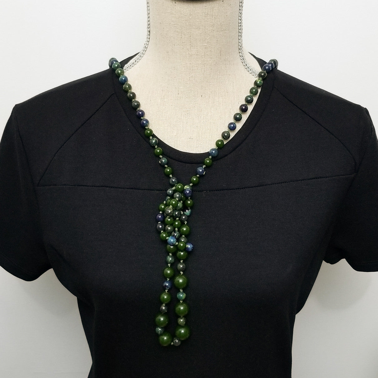 Dark Green & Blue Marbled Bakelite 59" Long Alternating Bead Necklace