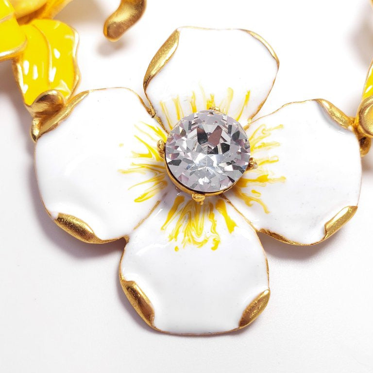 KJL Kenneth Jay Lane Flower Necklace Yellow White Enamel Faux Pearl & Crystals