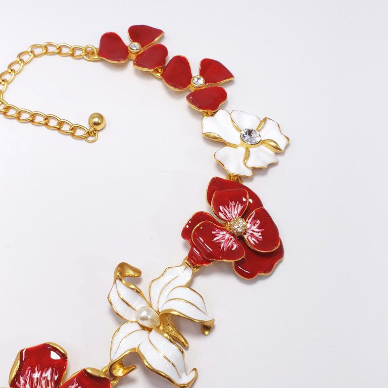 KJL Kenneth Jay Lane Flower Necklace Red White Enamel Faux Pearl & Crystals