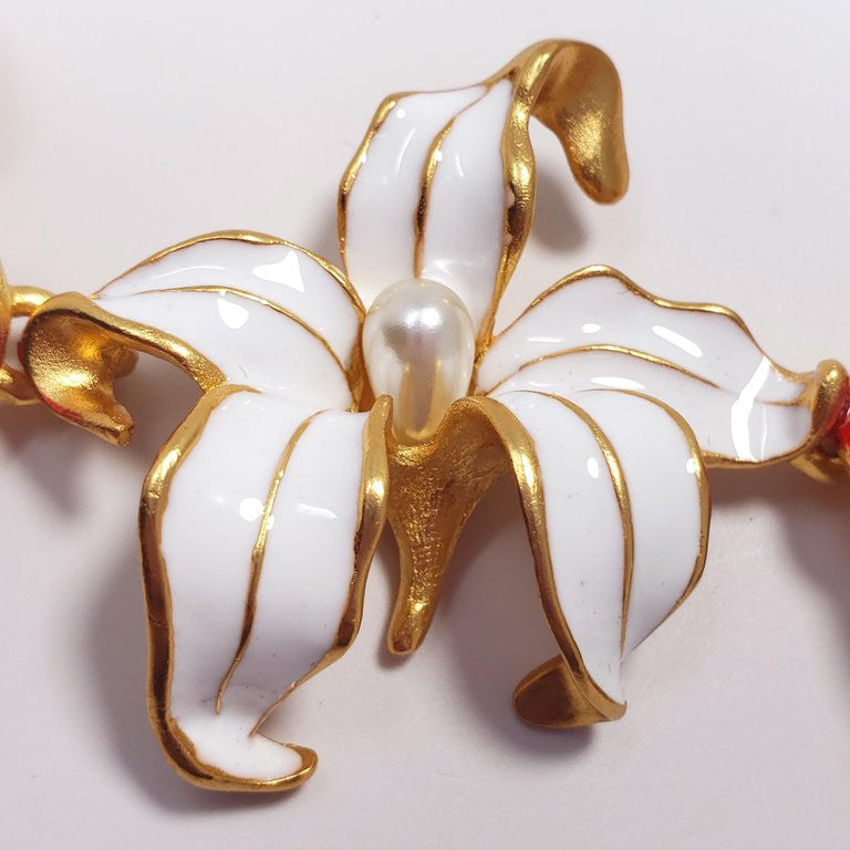 KJL Kenneth Jay Lane Flower Necklace Red White Enamel Faux Pearl & Crystals