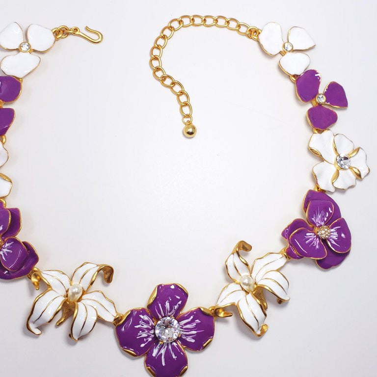 KJL Kenneth Jay Lane Flower Necklace Purple White Enamel Faux Pearl & Crystals