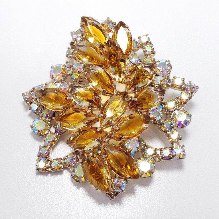 Vintage Demi Parure Aurora Borealis & Amber Crystals Earrings Bracelet Necklace