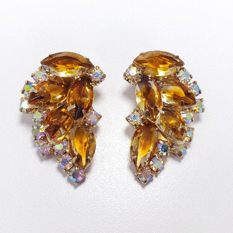 Vintage Demi Parure Aurora Borealis & Amber Crystals Earrings Bracelet Necklace