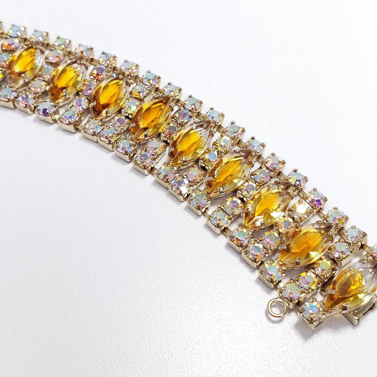 Vintage Demi Parure Aurora Borealis & Amber Crystals Earrings Bracelet Necklace