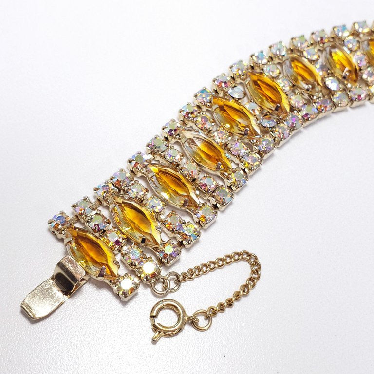 Vintage Demi Parure Aurora Borealis & Amber Crystals Earrings Bracelet Necklace