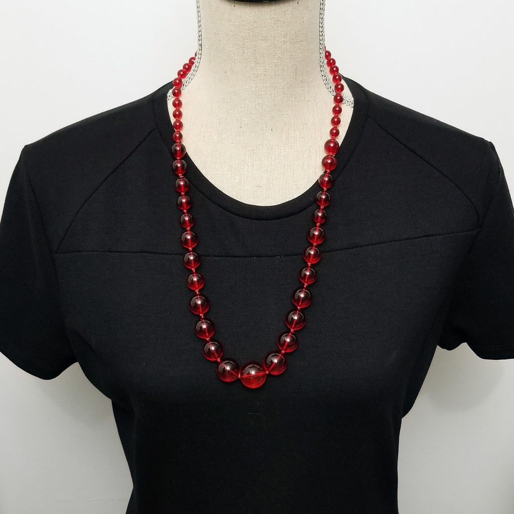 Bright Candy Red Vintage Plastic 27" Graduated Bead Necklace