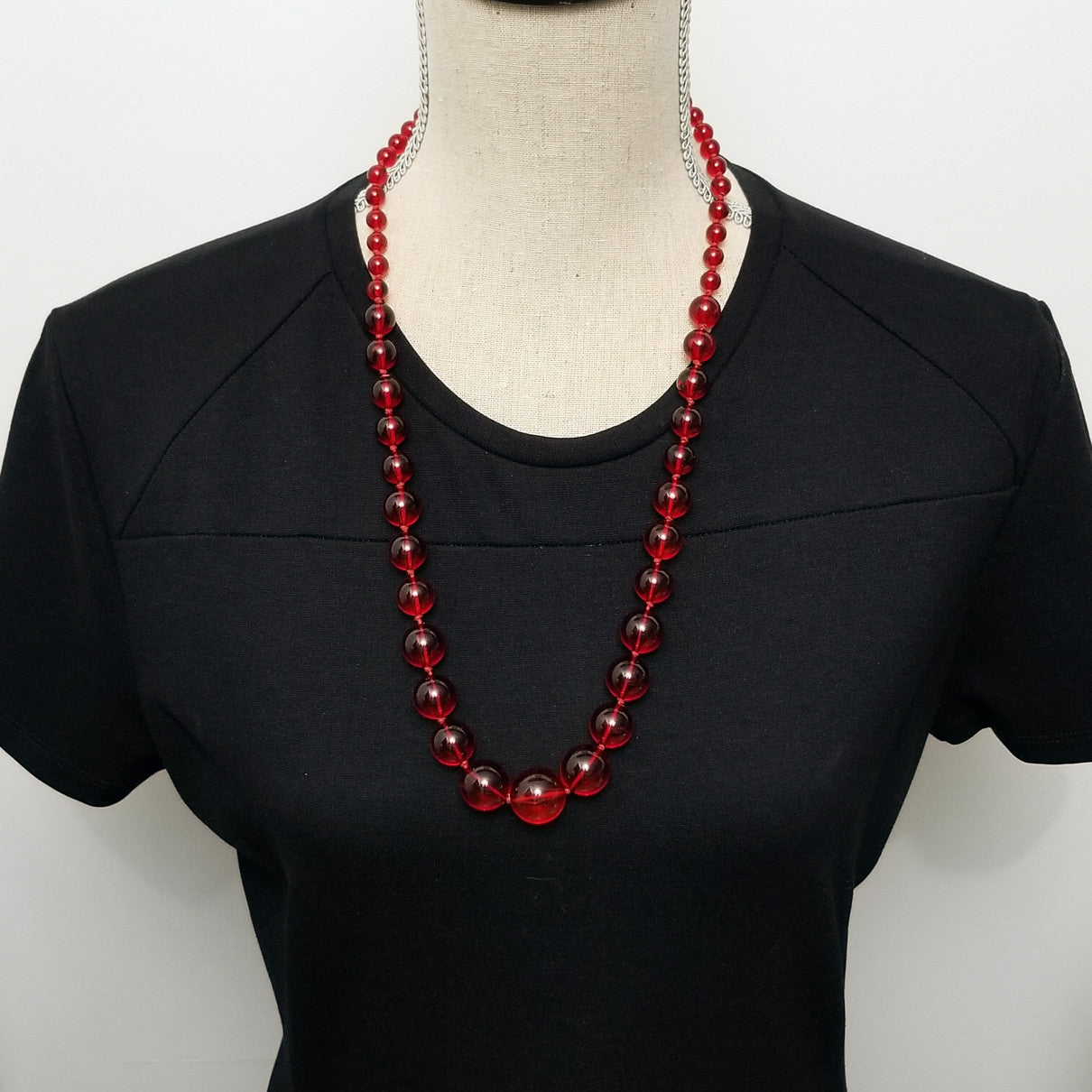 Bright Candy Red Vintage Plastic 27" Graduated Bead Necklace