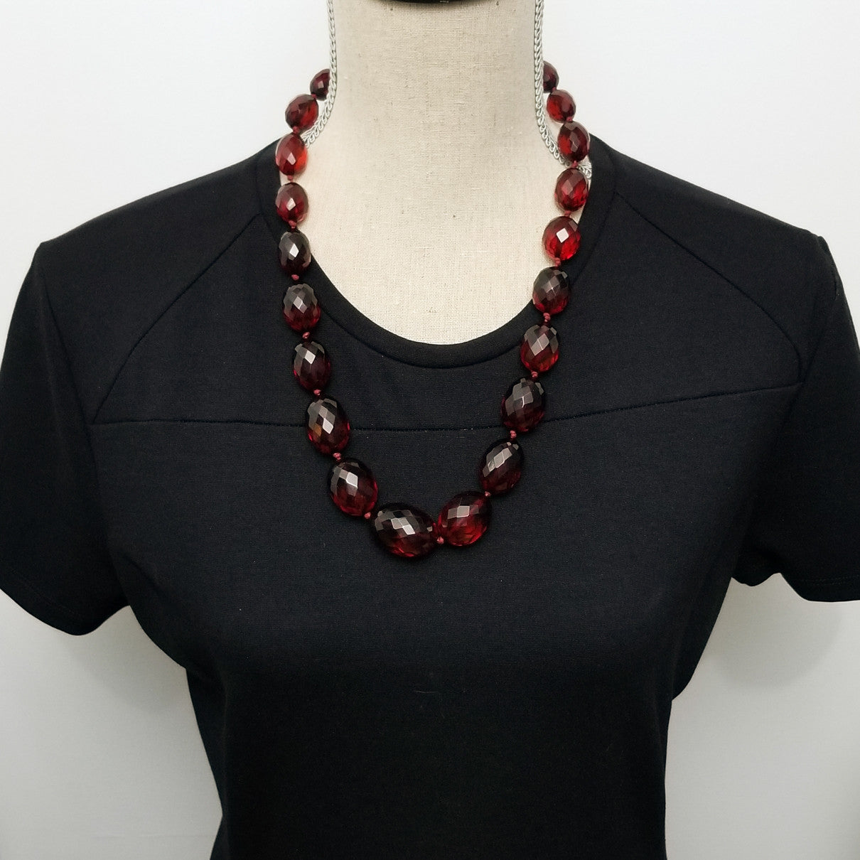 Red Cherry Amber Bakelite 24" Graduated Faceted Bead Necklace